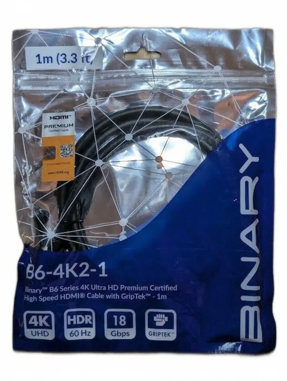 Binary B6 Series 4K Ultra HD Premium Certified HDMI Cable with GripTek - 1m‎